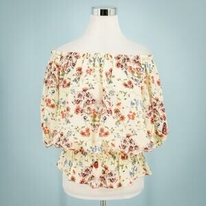 Maje 1 Size Small S Ivory Cream Floral Butterfly Print Off The Shoulder Silk Top